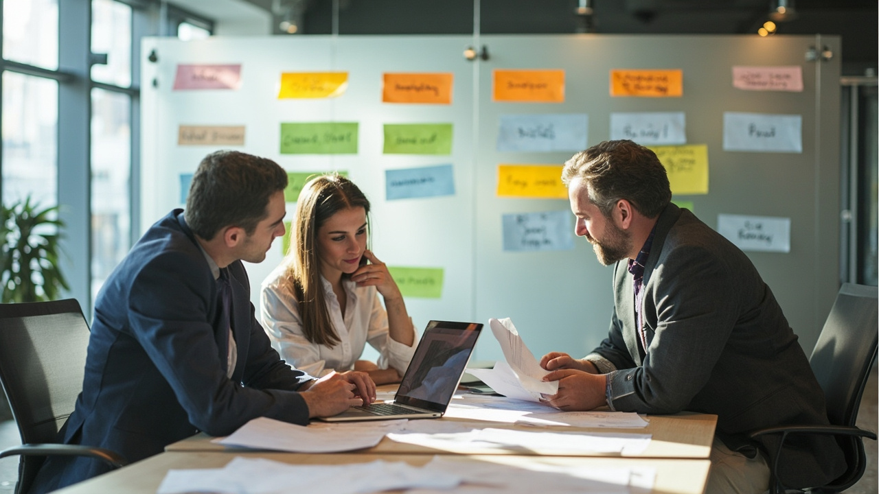 B2B marketing team reviewing a content marketing strategy for lead generation around a conference table