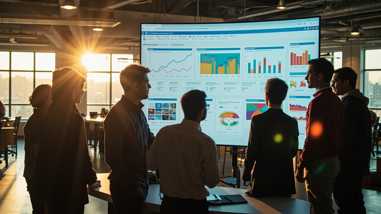 Digital marketing team reviewing brand growth strategy at a modern agency office