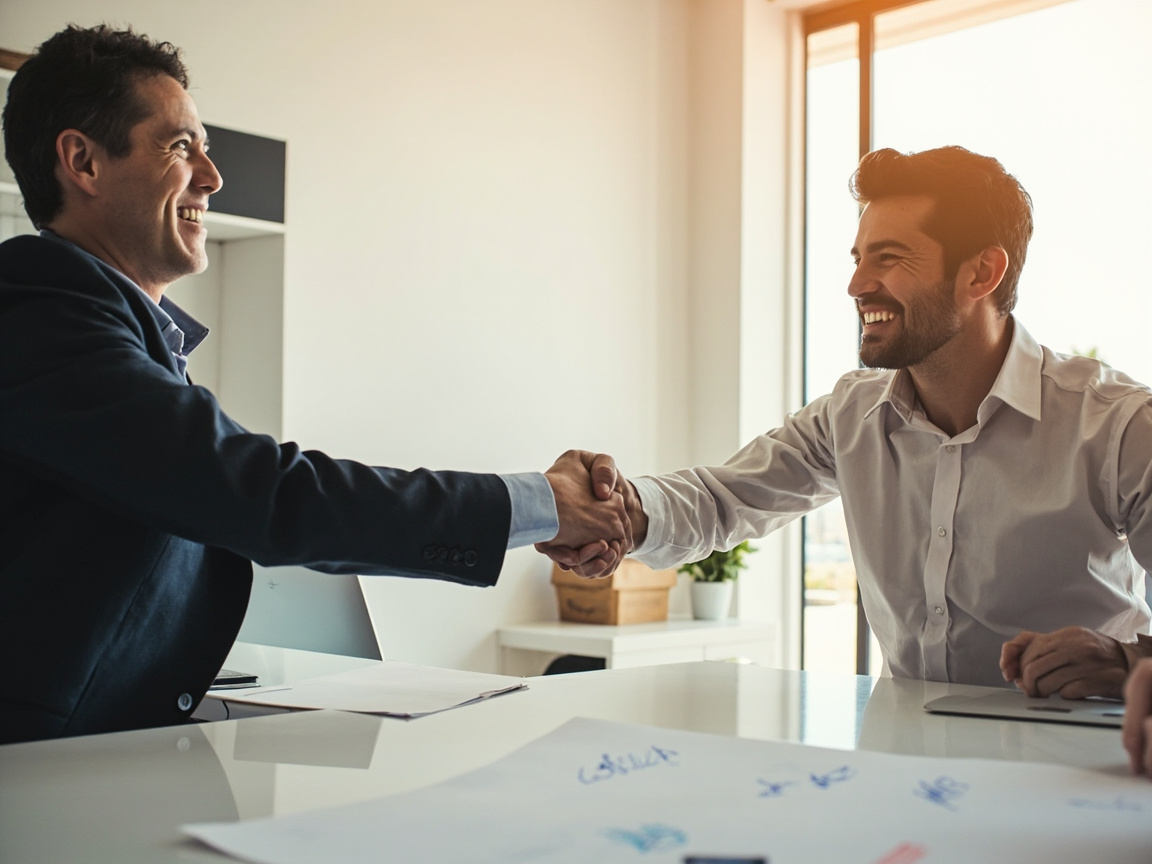 Business owner and SEO agency representative shaking hands after choosing the right SEO partner