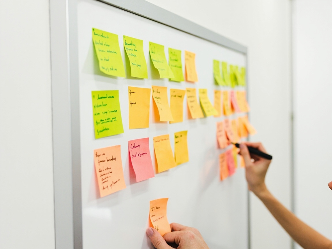 Whiteboard with sticky notes organized into four columns for categorizing website content during an audit