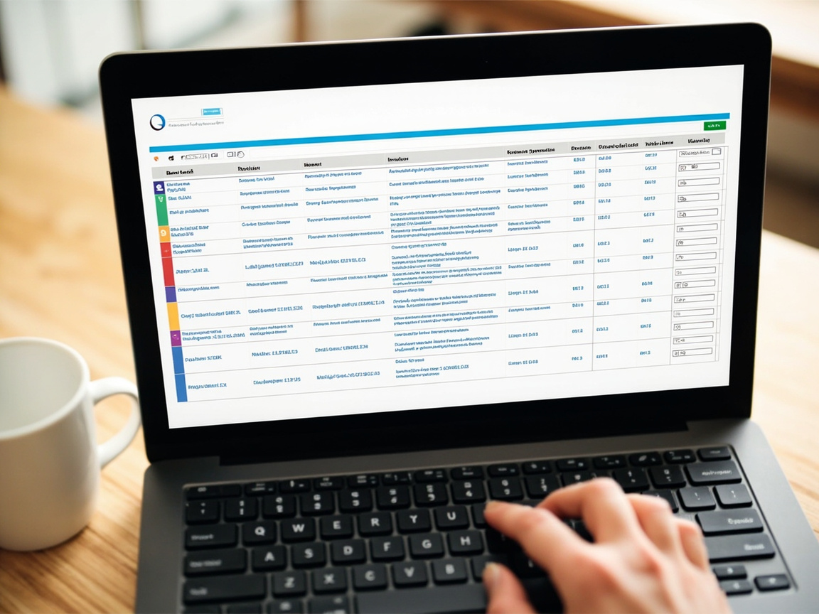 Color-coded content audit spreadsheet on laptop screen showing website URLs and performance data