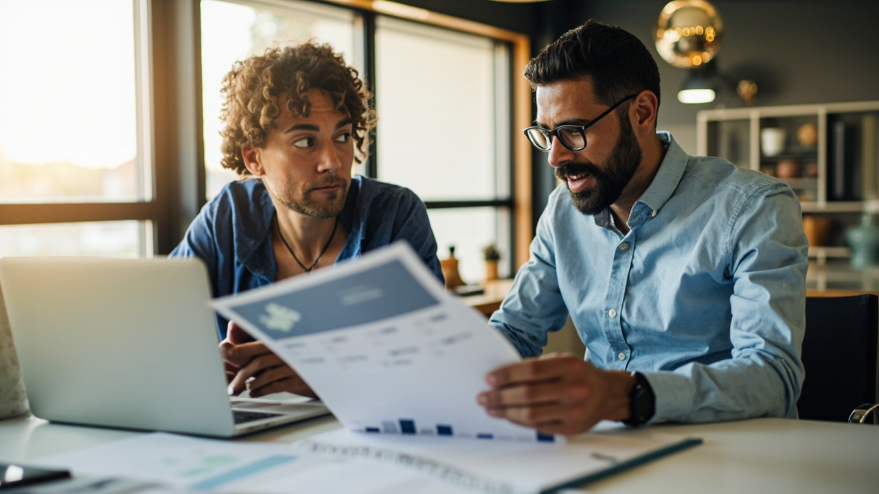 Business owner and content marketing agency consultant reviewing a pricing proposal together