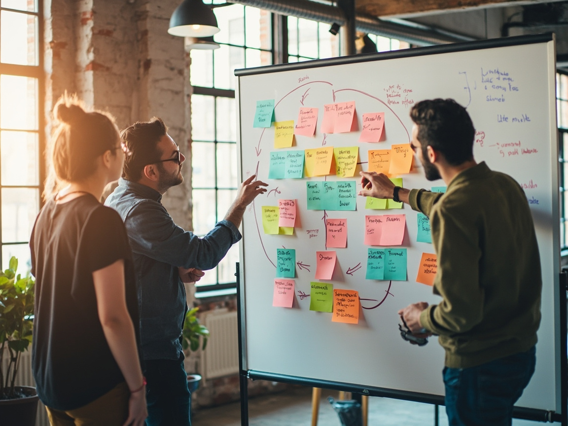 Startup team mapping out SEO and content marketing topical cluster strategy on a whiteboard