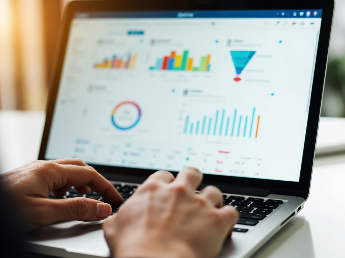 laptop screen displaying content marketing funnel metrics and conversion data in an analytics dashboard