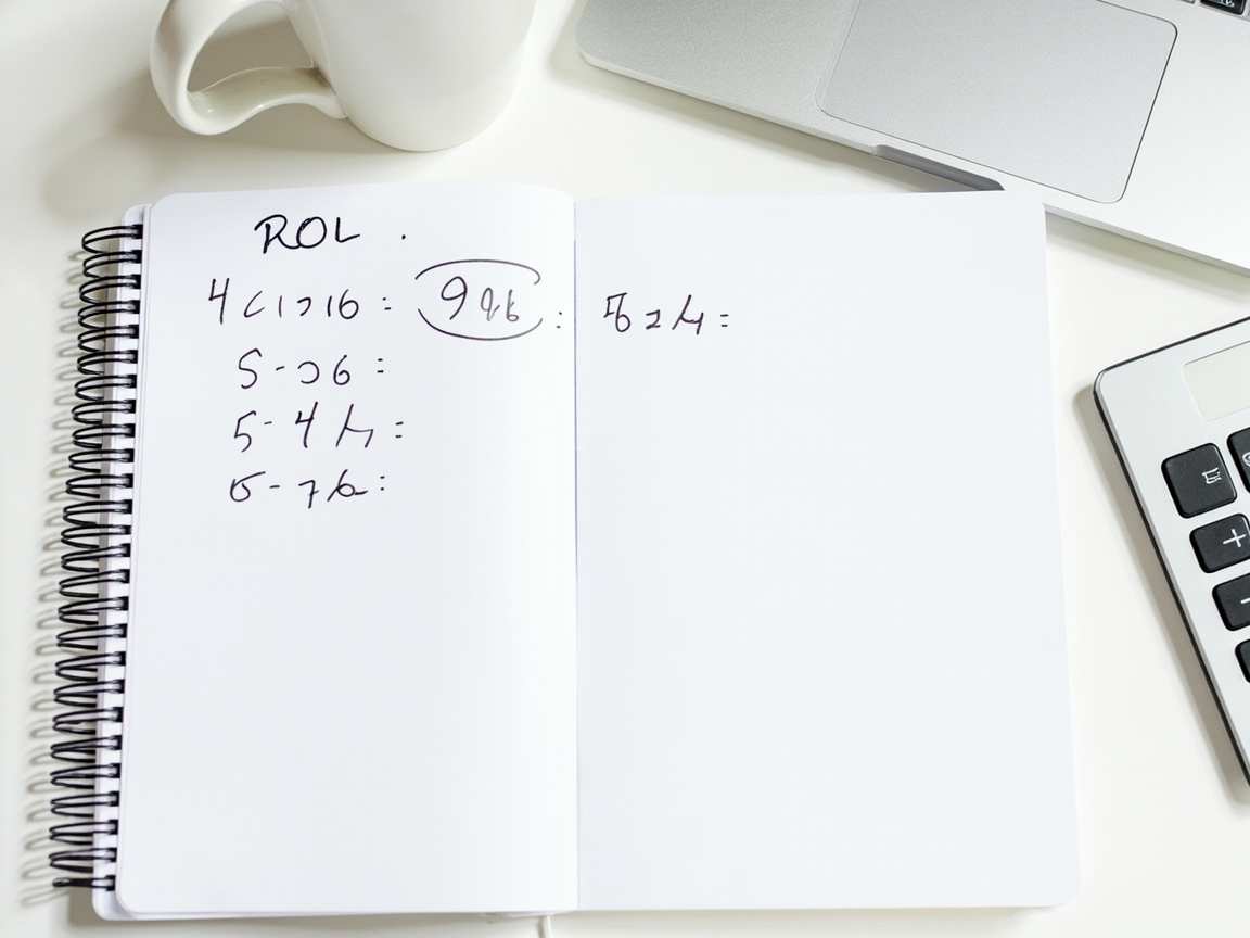 notebook with content marketing ROI formula calculations beside a calculator on a bright desk