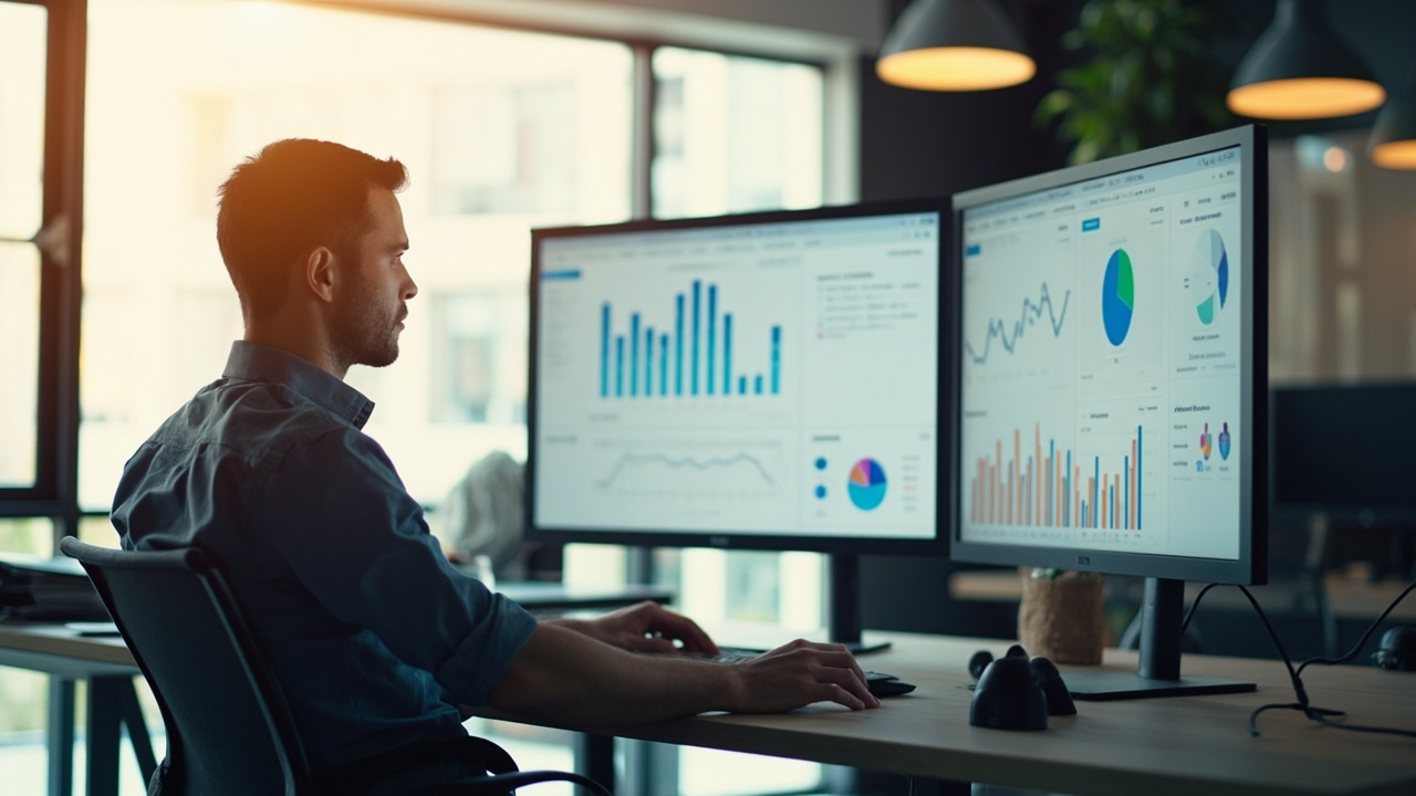 marketing manager reviewing content marketing ROI performance dashboard on a large monitor