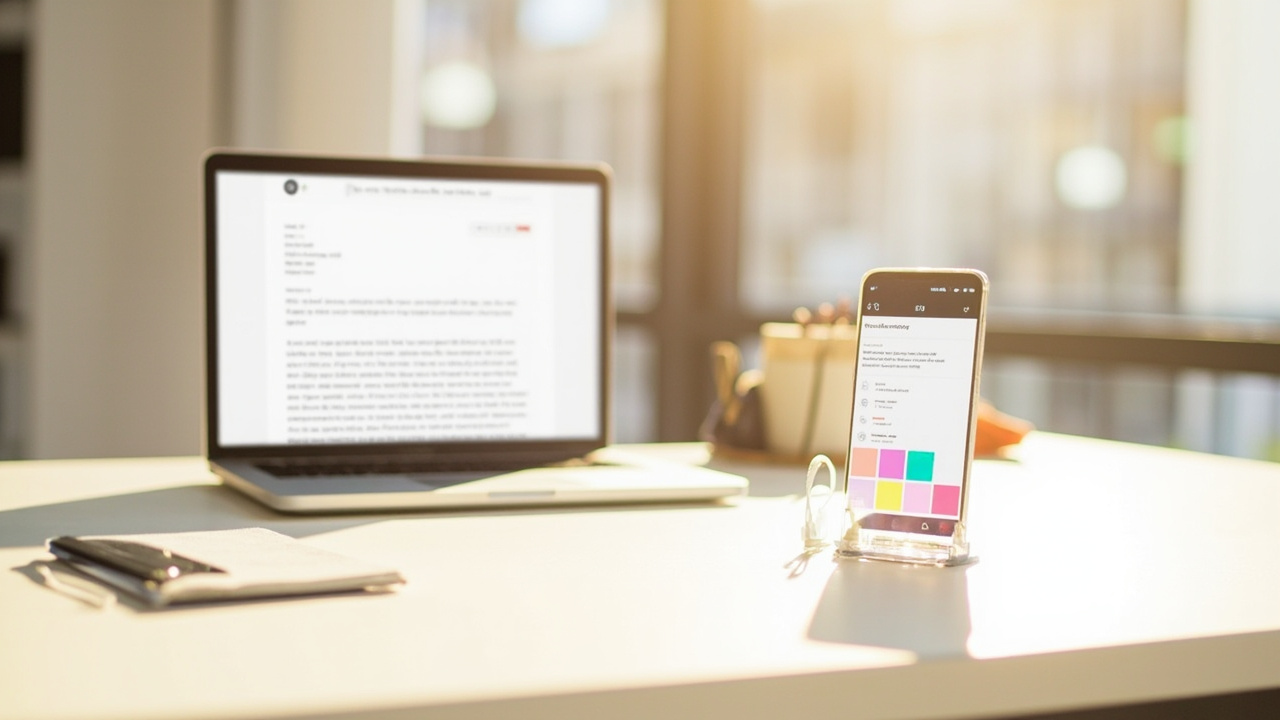 Laptop with blog content draft beside a smartphone showing social media feed, illustrating content marketing vs social media marketing