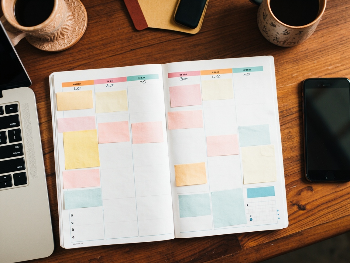 Content repurposing workflow and social media scheduling calendar spread on a desk