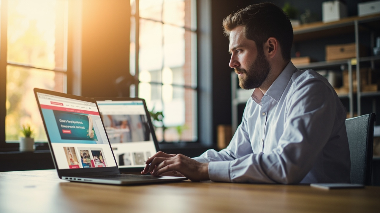 Small business owner comparing a DIY website builder and a managed professional website on a laptop