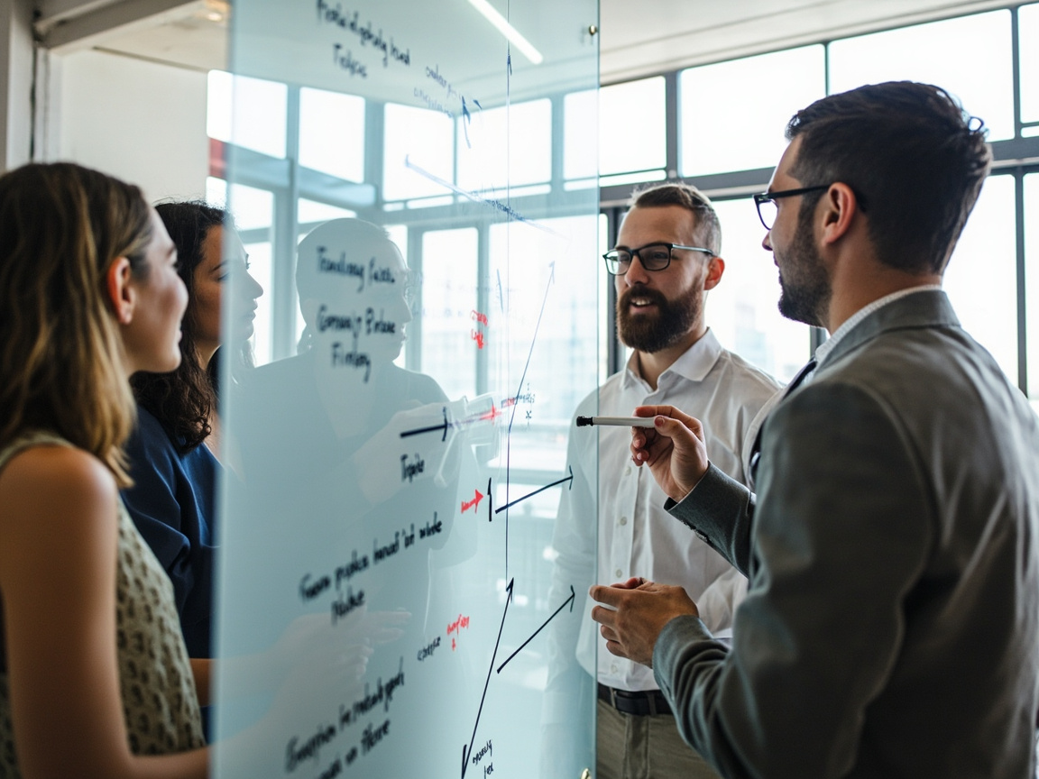 Marketing team collaborating on a full-service ecommerce digital strategy in a modern office