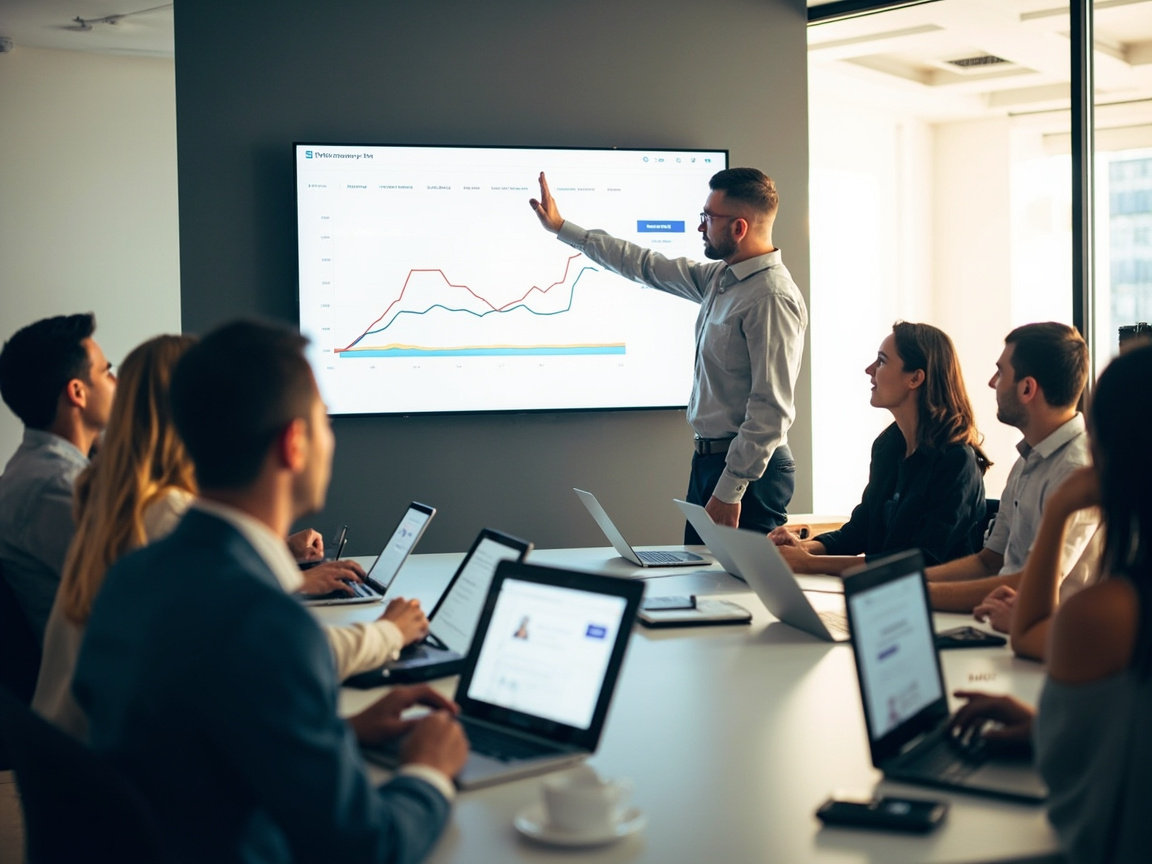 SEO agency team presenting search ranking strategy to a client during a strategy meeting