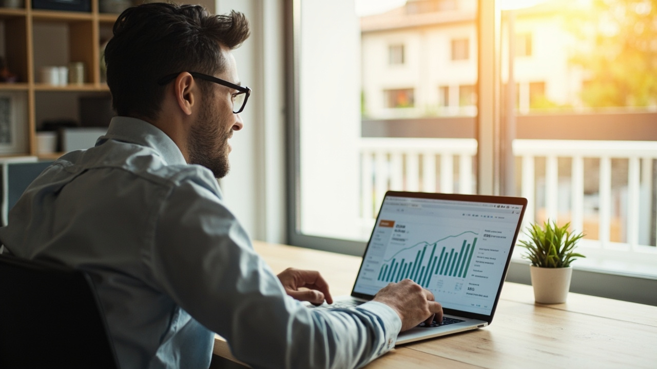 Small business owner reviewing SEO results timeline on a laptop analytics dashboard