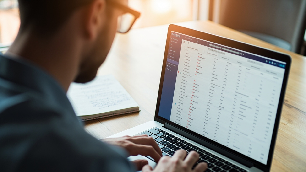 Marketing professional conducting a content audit for their website using a laptop and printed spreadsheet