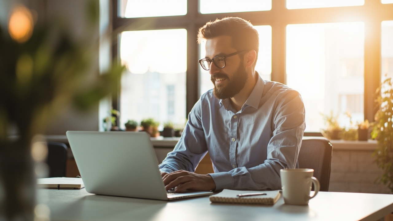 Small business owner repurposing blog content into social media posts at a bright modern desk