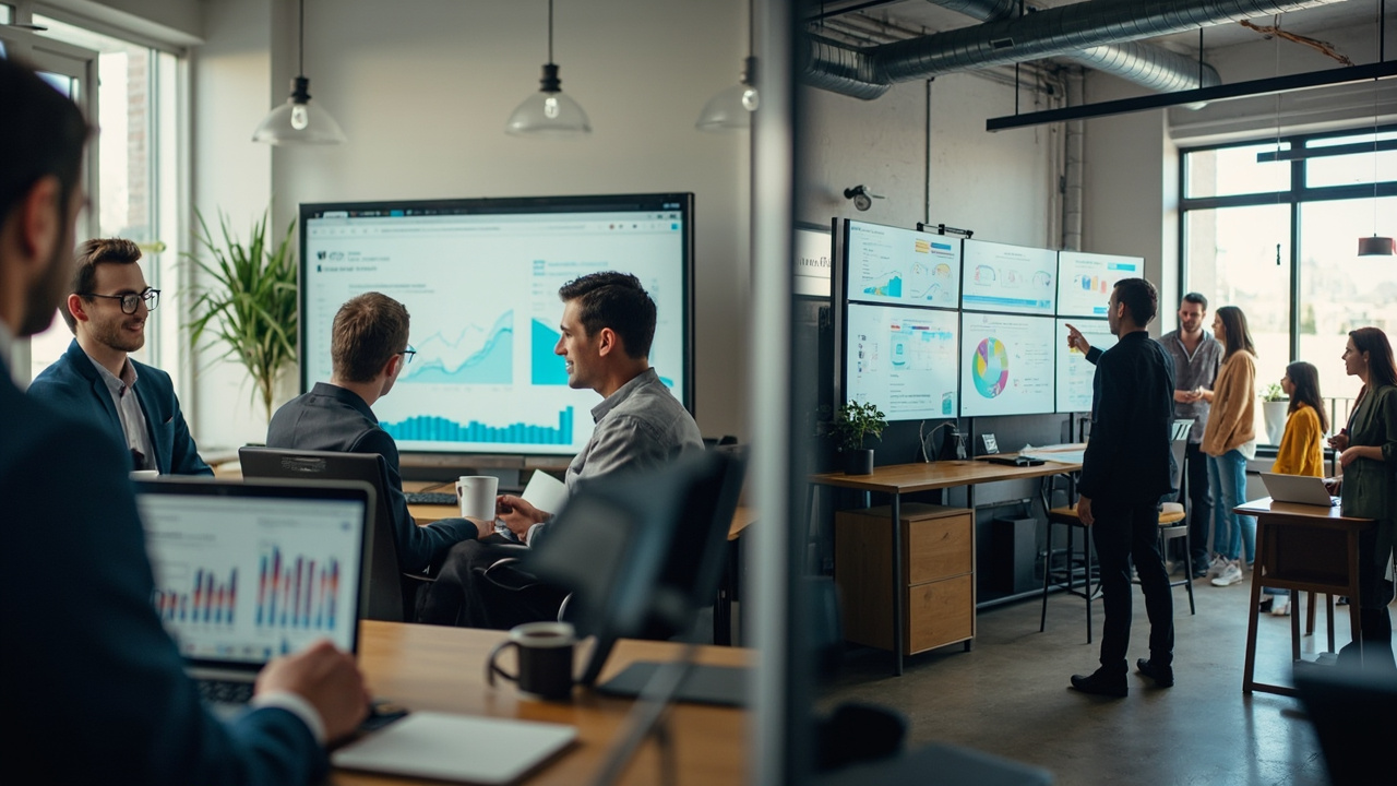 Marketing professionals comparing an in-house SEO team setup with an SEO agency workspace