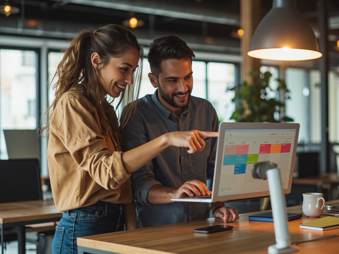 In-house social media team collaborating on a content calendar at an office desk