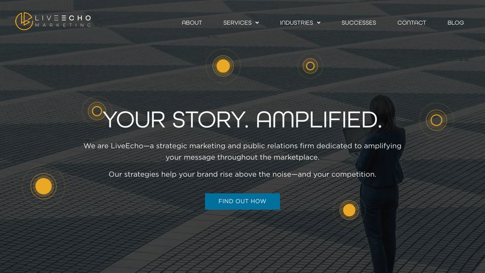 LiveEcho Marketing homepage: dark hero with the headline Your Story. Amplified.