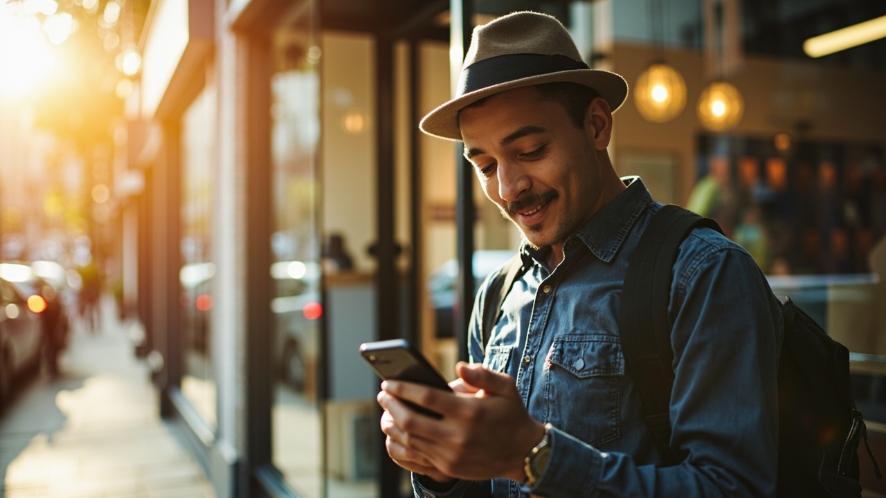 Small business owner checking local SEO visibility on smartphone outside their storefront