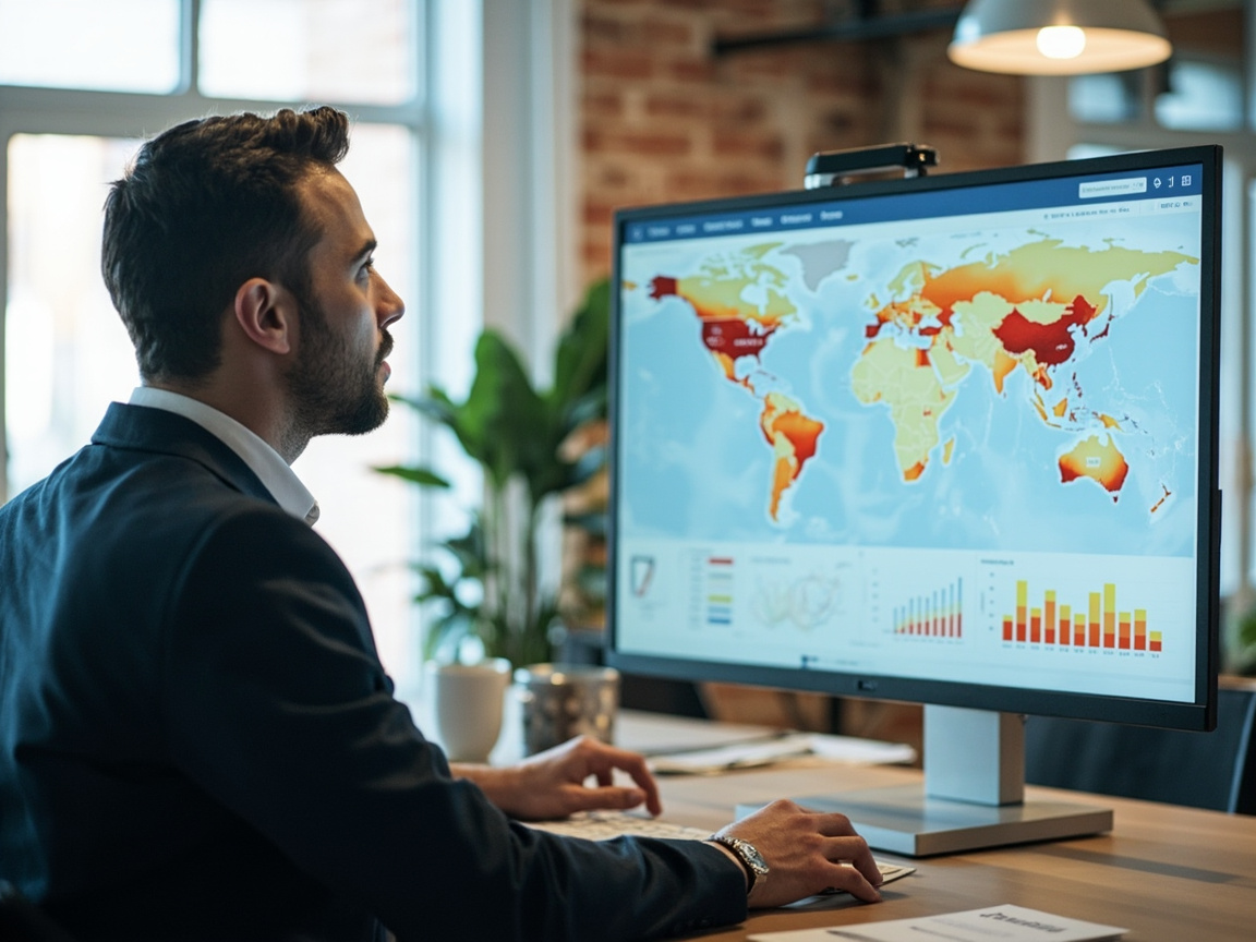 Marketing professional reviewing local SEO visibility analytics and geographic ranking data on a dashboard