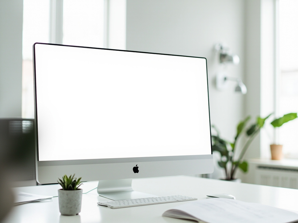 Clean and modern low-maintenance website design displayed on a desktop monitor in a minimalist office setting