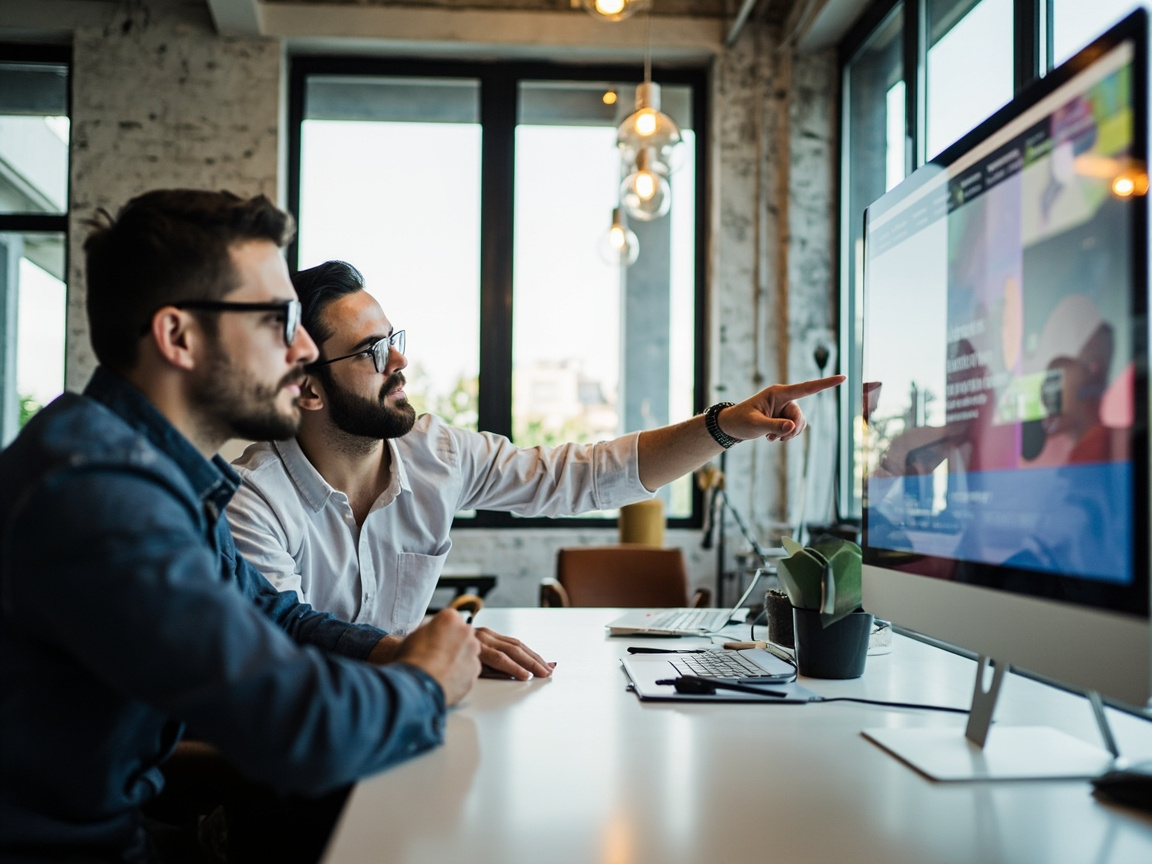 Two digital marketing professionals collaborating on managed website services while reviewing a website on a widescreen monitor