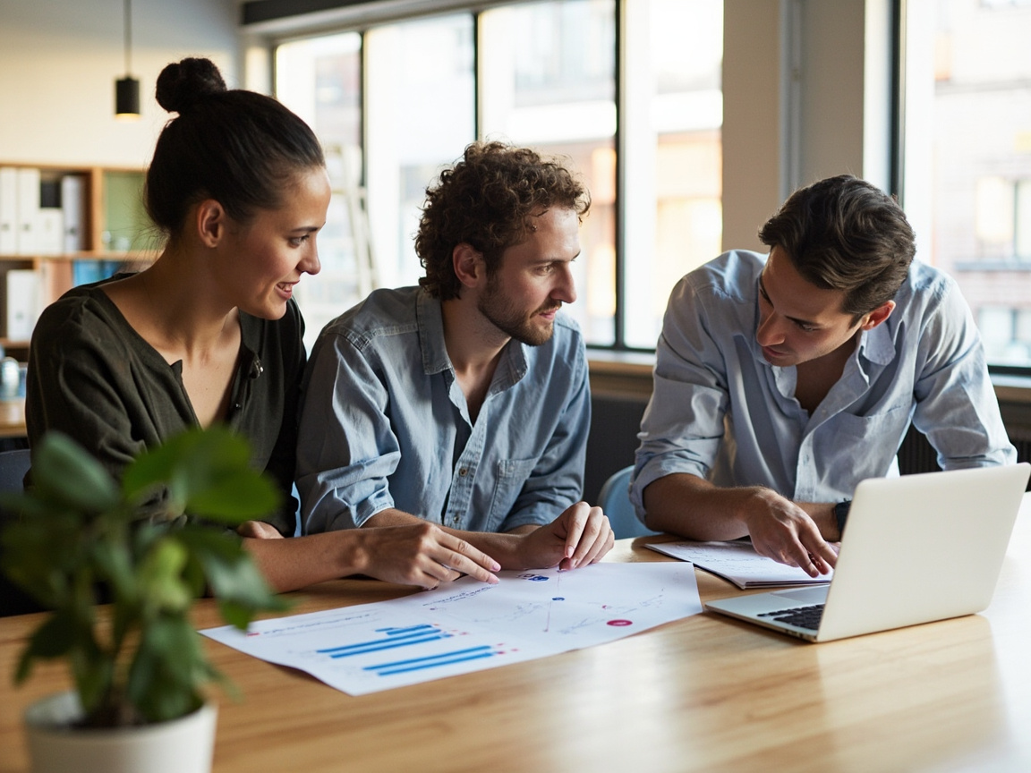 Marketing team analyzing social media performance data to track ROI