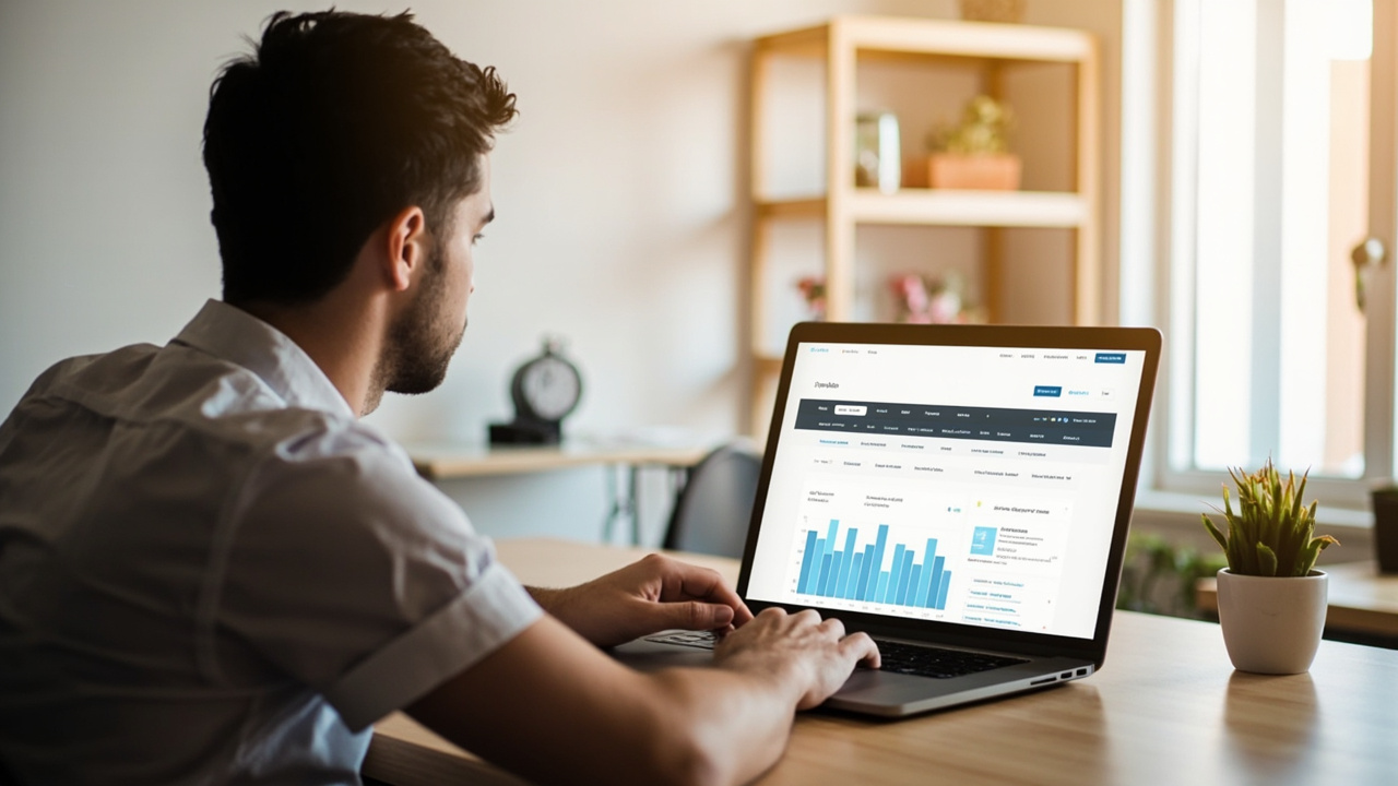 Small business owner reviewing ongoing website maintenance metrics on a laptop