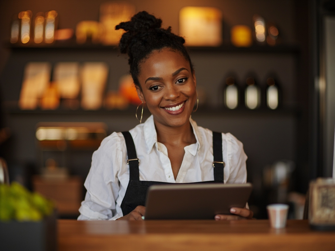 Small business owner reviewing customer online reviews that support local SEO rankings