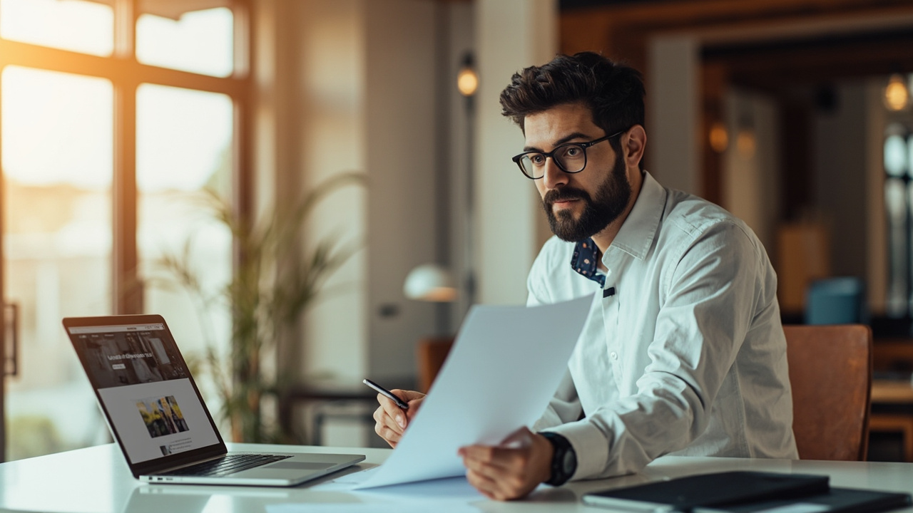 Small business owner reviewing a strategy to outsource SEO and content writing to a digital agency