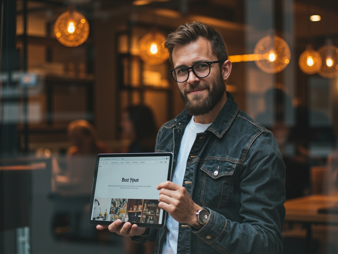 Small business owner viewing their professional website on a tablet inside their store