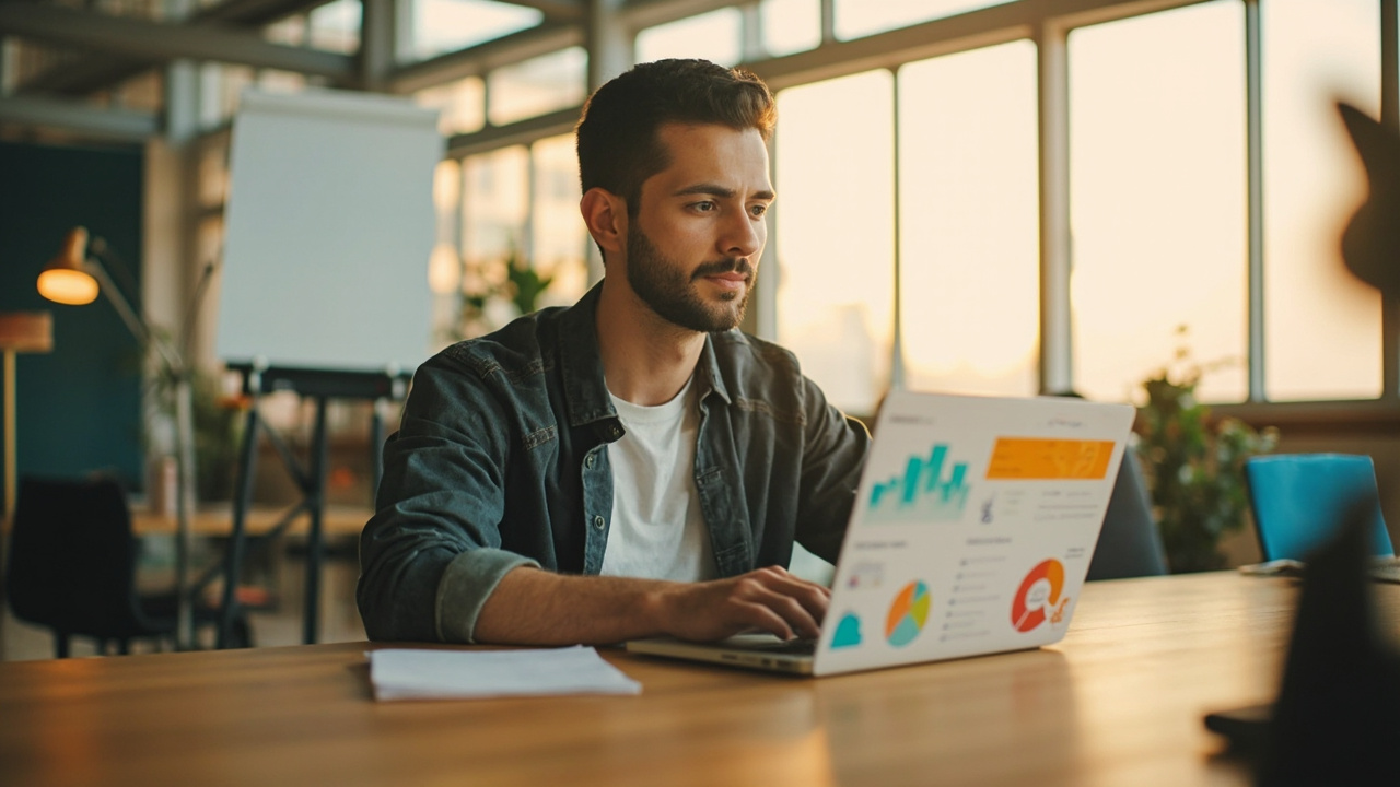 Startup founder reviewing SEO and content marketing strategy on a laptop in a modern office
