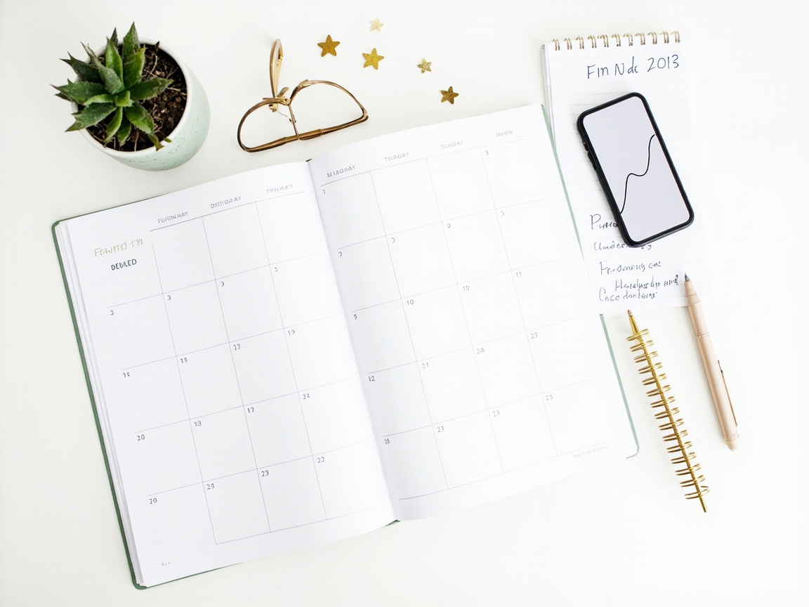 Content calendar and SEO planning timeline laid out on a desk for monthly strategy