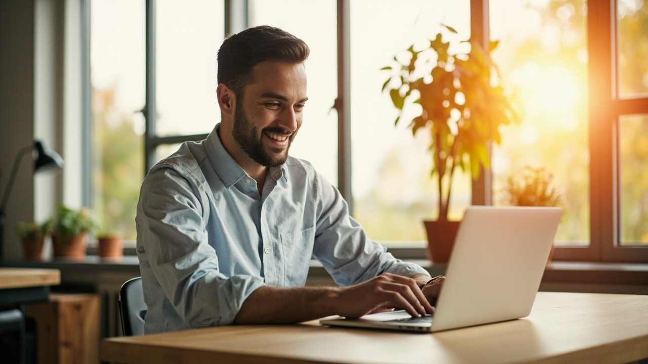 Small business owner calmly reviewing their set-it-and-forget-it website on a laptop in a sunlit home office