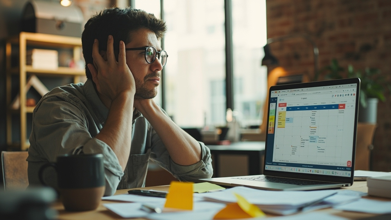 Overwhelmed business owner reviewing a messy content calendar, a common sign your business needs to hire a content marketing agency