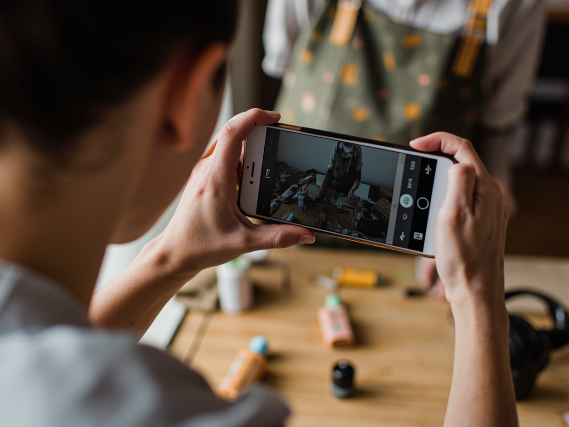 Small business owner photographing products with a smartphone for social media content creation
