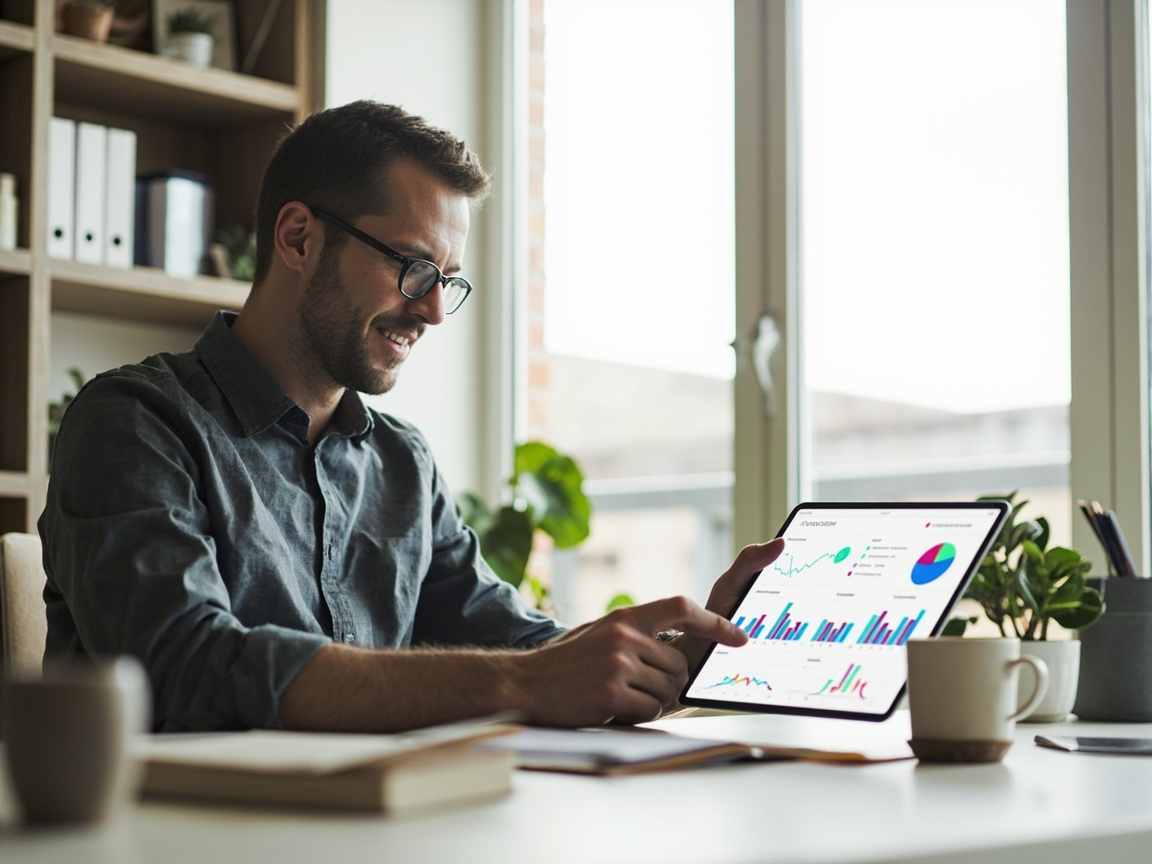 Small business owner reviewing social media analytics and engagement metrics on a tablet at a home office desk