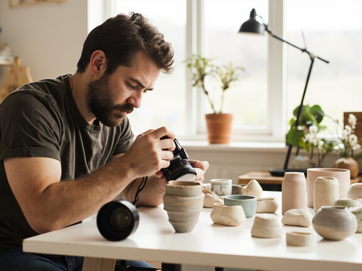 Small business owner creating social media content by photographing handmade products in a bright studio