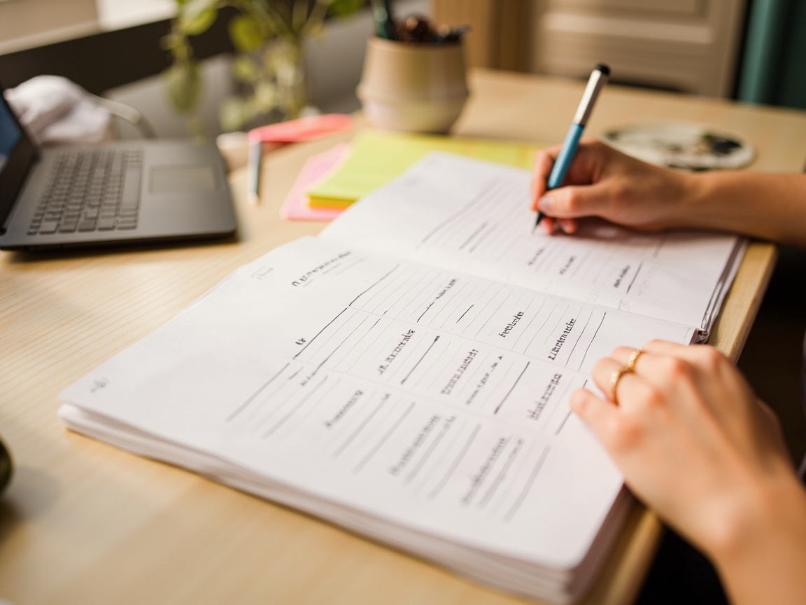 Small business owner planning social media content calendar at desk