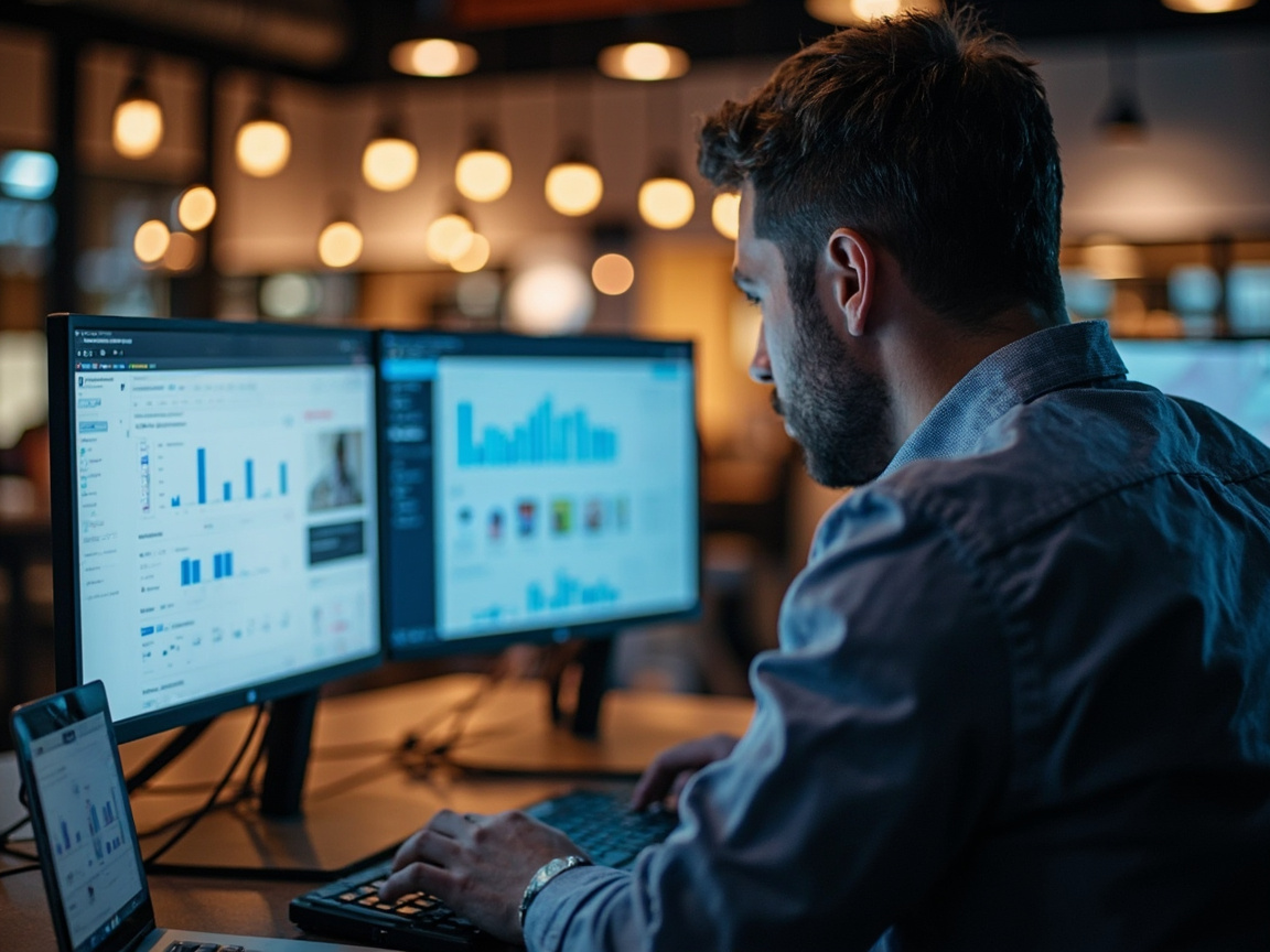 Social media agency professional managing multiple client accounts on dual monitors at a modern office desk