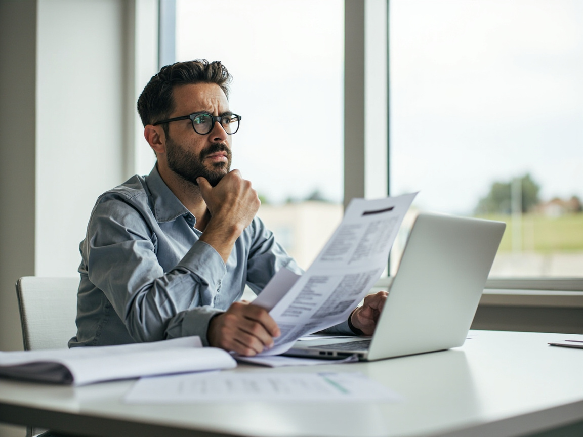 Business owner thoughtfully comparing social media management agency and in-house team options at a desk