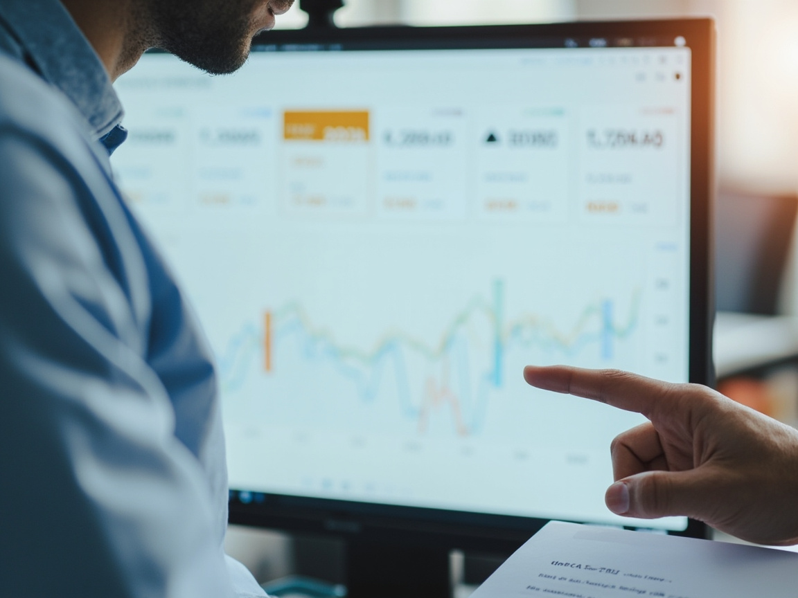Marketing professional analyzing social media management analytics and performance metrics for a small business client