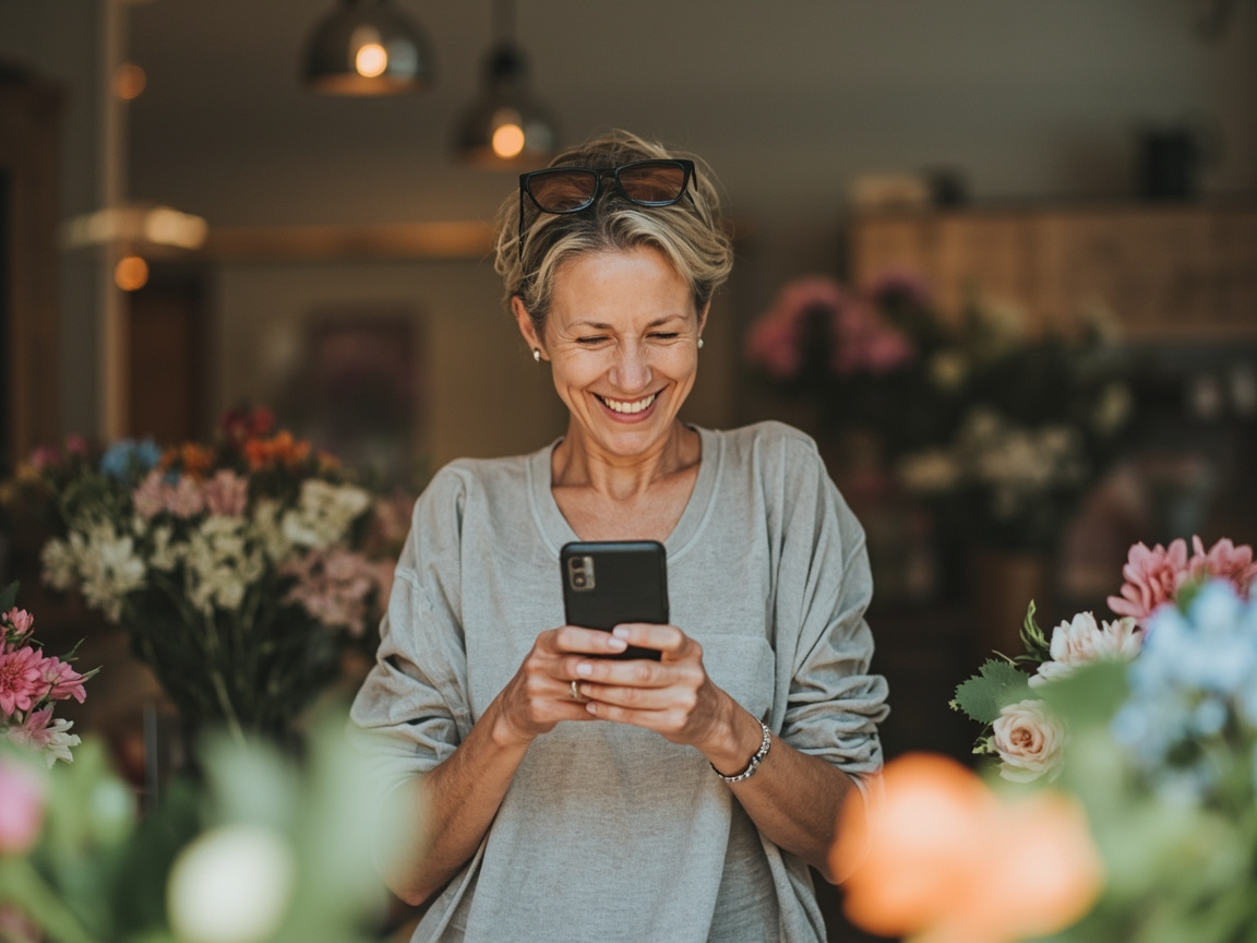 Small business owner managing her social media presence in her flower shop
