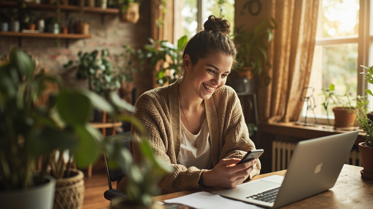 Small business owner reviewing her social media presence on a laptop and smartphone at a bright, modern workspace