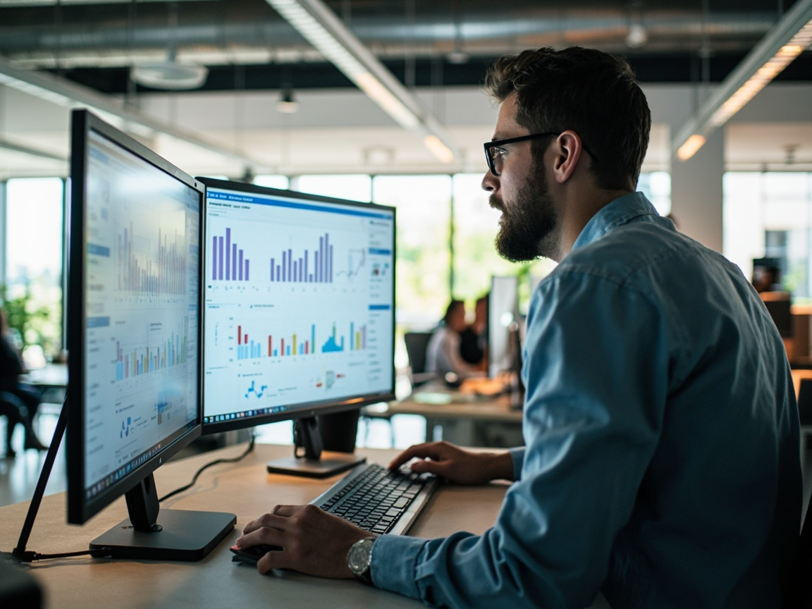 Marketing professional reviewing social media engagement and SEO traffic analytics on dual monitors
