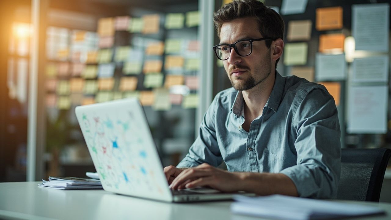content strategist at a desk planning a topical authority SEO strategy with an interconnected topic mind map on a laptop