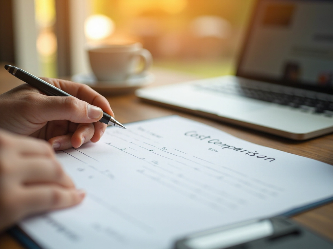Business owner comparing DIY website builder and professional website costs at a desk with pen and notebook