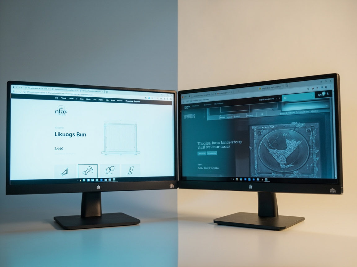 Side-by-side comparison of a well-maintained website versus a neglected set-it-and-forget-it website on two monitors