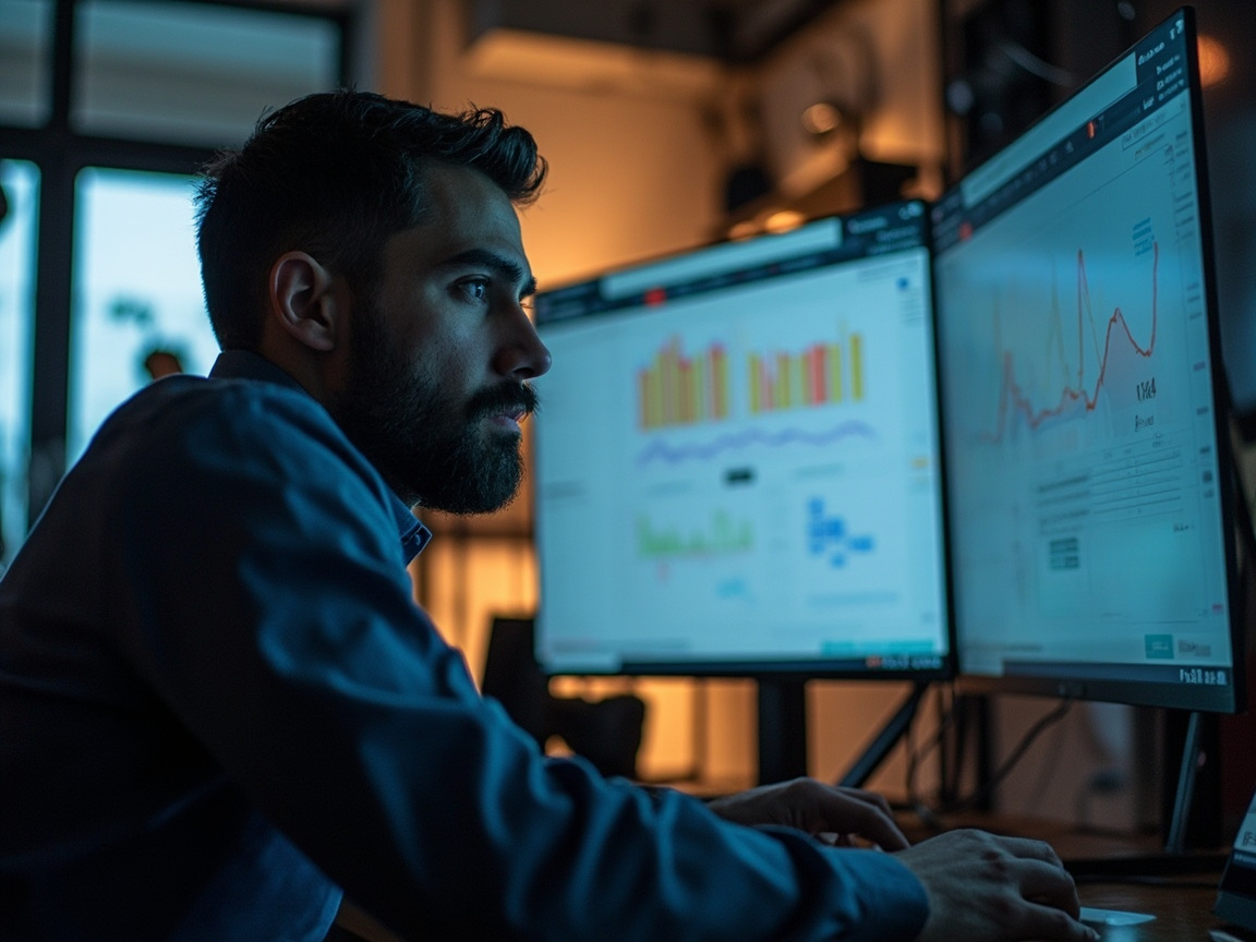 Digital professional reviewing website maintenance schedules and performance analytics across multiple screens