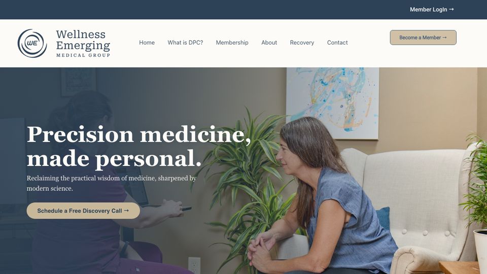 Wellness Emerging homepage: a clinician with a patient, headline Precision medicine, made personal.